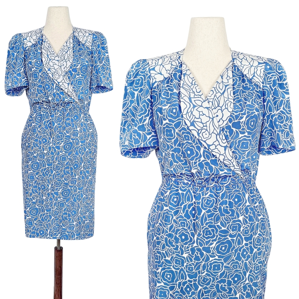 1980s Vintage Dress 80s Midi Blue White Floral Medium Large M/L Shirtwaist Volup